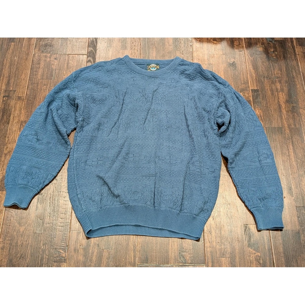 Vintage 90s Jantzen Chunky Knit Sweater Men M Blue Crewneck Pullover USA Grandpa